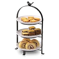 SparkWorks 3 Tiered Cake Stand, Tea Party Serving Platter, Dessert and Cupcake Stand, Metal Tiered Serving Stand Includes Three Premium White Stoneware Plates