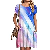 Women's Summer Round Neck T-Shirt Round Neck Petal Sleeve Printed Dress with Pockets Boho Dresses 2024