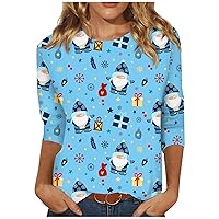 Womens Tops Christmas 3/4 Length Sleeve Blouses Dressy Top Sexy Holiday Crew Neck Shirt Casual Basic Work Tees