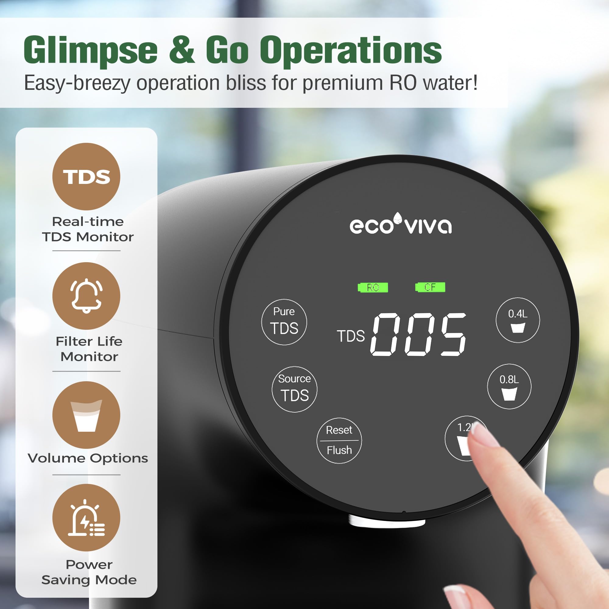 Ecoviva Countertop Reverse Osmosis System RO Water Filter, 4 Stage Filtration, Real-time TDS Monitor, 3:1 Pure to Drain, Zero-Installation Portable Water Purifier (WP-RO-200G Black), 4.3*12.1*12.1''
