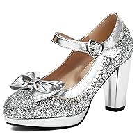 Womens Chunky Heels Pumps Sparkly Heels Mary Jane Shoes Round Toe Platform Ankle Strap Cute Sweet Bow Dress Shoes Party Wedding