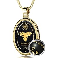 Capricorn Necklace Zodiac Pendant for Birthdays 22nd December to 19th January with Star Sign Constellation and Personality Characteristics Inscribed in 24k Gold on Oval Black Onyx Gemstone, 18