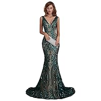 Aries Tuttle Shiny Sequined Mermaid V Neck Prom Party Evening Dress Celebrity Pageant Bridesmaid Gown