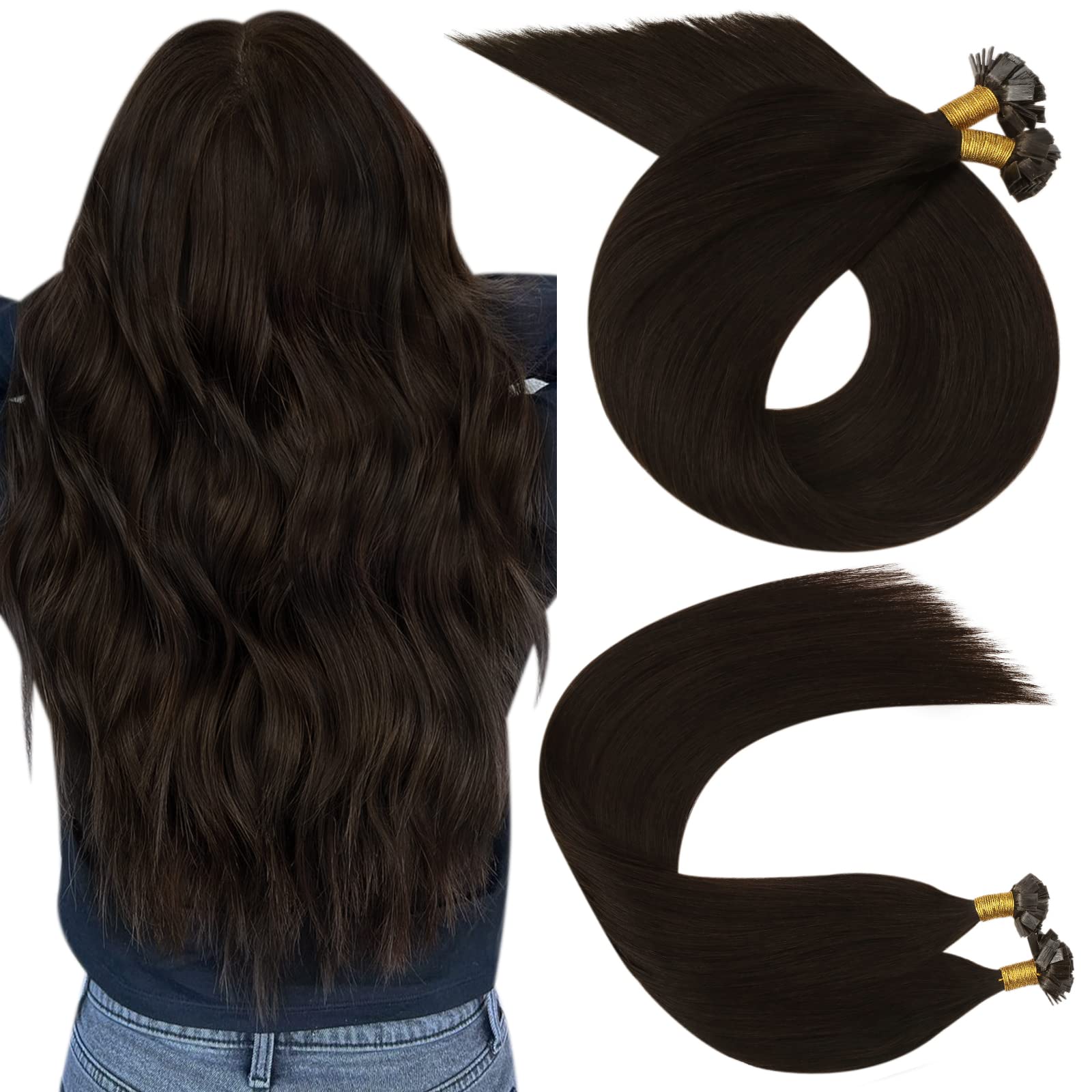 Ugeat Pre Bonded Hair Extensions 22 Inch Flat Tip Hair Extensions Human Hair #2 Darkest Brown Hair Extensions Hot Fusion Keratin Real Human Hair 50...