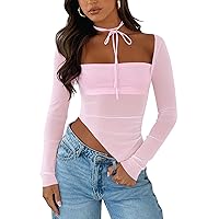 Cioatin Women Y2K Square Neck Sheer Lace Mesh T-Shirt Tops Long Sleeve Asymmetric Hem See Through Fall Going Out Crop Tee