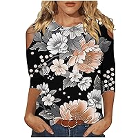 T Shirts for Women Sexy Cold Shoulder Tunic Tops Fashion 3/4 Sleeve Leaves Printed Pullover Shirts Casual Dressy Blouses