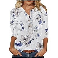 TUNUSKAT Womens Flower Shirt Spring/Summer Fashion Print 3/4 Sleeve Tops Pullover Lightweight Button Down Blouses T-Shirt