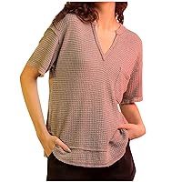 Women Knit Waffle Short Sleeve V Neck Patchwork Tops Summer Fashion Casual Loose Solid Tunic T-Shirts with Pockets