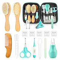 Baby Healthcare and Grooming Kit, Baby Wooden Hair Brush and Comb Set，Health Care Set with Hair Brush Scale Measuring Spoon Nail Clippers (19pcs, Green).