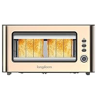 Clear View Toaster, LONGDEEM 1.75'' Extra Long Slot Glass Toasters Stainless Steel 2 Slice with 6 Browning Control for Bagel, Defrost & Auto Shut Off with Removable Crumb Tray, Gold