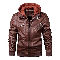 Men Leather Jacket Winter Vintage Zipper Hoodie Color Imitation Leather Coat