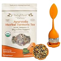 DelighTeas Ayurvedic Turmeric Ginger Tea | USDA Organic Loose Leaf Herbal Tea for joint support | Non-GMO, Caffeine Free, Unsweetened | 75 Servings, 6oz | with BPA-Free Tea Infuser