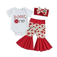 Baby Girl One Year Birthday Outfit Sweet One Fruit Print Short Sleeve Romper Top Bell Bottoms Pants Summer Outfit