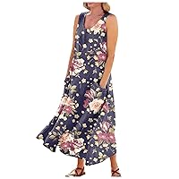 Summer Dresses for Women 2024,Casual Linen Print Boho Sundress O Neck Sleeveless Pockets Beach Vacation Maxi Dresses
