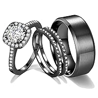 Ahloe Jewelry CEJUG 2Ct 18k Black Gold Wedding Ring Sets for Women and Men Hers His Titanium Bands Stainless Steel Couple Rings Cz