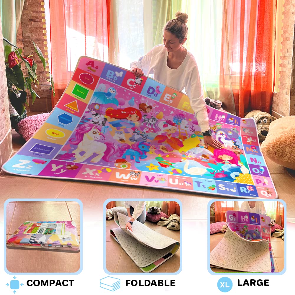 QUOKKA Playmats for Babies and Toddlers ABC Play Mat for Kids Baby Infants - Super Soft Plush Extra Thick (0.8cm) Large Alphabet Rug with Unicorn Princess - Padded Foldable Non-Slip Mat