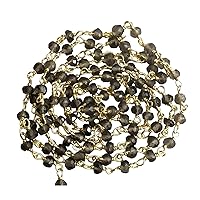 Gems For Jewels Women's 3-3.5 mm Smoky Quartz Wire Wrapped Faceted Rondelle Beads, Chain for Jewelry Making by The Foot, Rosary Style Beaded Chain for Jewelry Making, 18KT Gold Polish 1 Foot