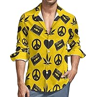 Weed Leaves & Peace Symbol Men's Button Down T Shirts Long Sleeve Casual Hawaiian Shirt Pocket Print Top