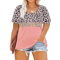 RITERA Plus Size Tops Short Sleeve for Women Color Block Sequins Shirt Leopard Print Tops Short Sleeve Blouses Summer Casual Tees #2-Leopard- Pink 2XL