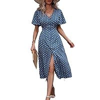 Dresses for Women - Polka Dot Print Butterfly Sleeve Button Front Dress