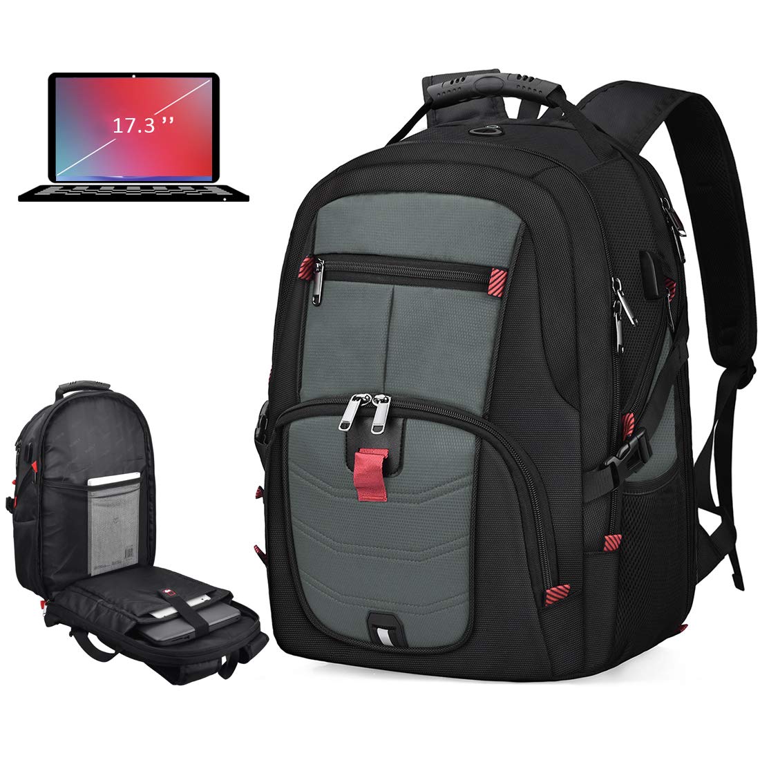 NUBILY Laptop Backpack 17 Inch Waterproof Extra Large TSA Travel Backpack Anti Theft College Business Mens Backpacks with USB Charging Port 17.3 Gaming Computer Backpack for Women Men 45L Grey