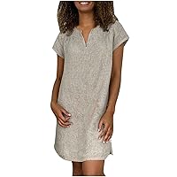 Plus Size Dresses for Women Summer Casual V-Neck Solid Loose Shirt Dress Mini Tunic Dress Ladies Cotton Linen Shift Dresses