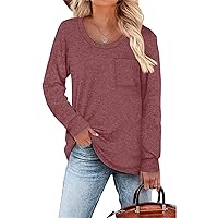Womens Round Neck Pocket Long Sleeve Blouse Casual Solid Color Tunic Pullover Top Loose Fit Soft Henley Sweatshirt Shirt