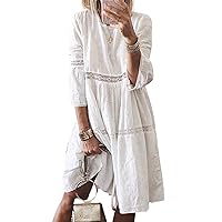 Womens Oversized Eyelet Long Sleeve Maxi Dress Lace Splicing Crew Neck Embroidery Long Dress