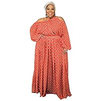 Summer Clothes for Women, Women's Off Shoulder Swing Dresses Plus Size Casual Long Sleeve Belted Print Long Dress