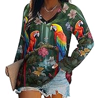 Animals Colorful Birds Parrot Women's Long Sleeve Shirts Pullover V Neck Sweatshirt Casual Loose T-Shirt Tops