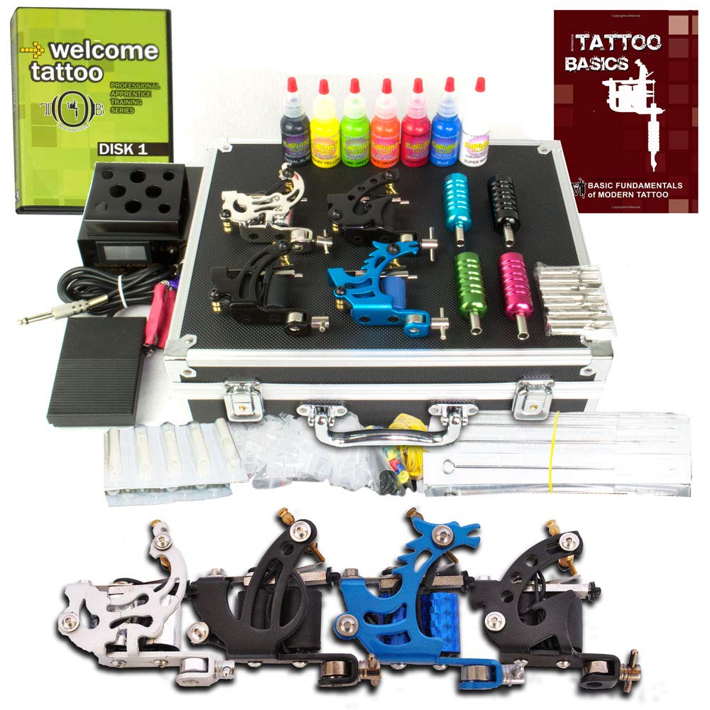 GRINDER Tattoo Kit by Pirate Face Tattoo / 4 Tattoo Machine Guns - Power Supply / 7 Ink by Radiant Colors - Made in the USA/LCD Power Supply / 50 Needles/PLUS Accessories