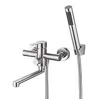 HomeLava Bathtub Mixer Tap with Hand Shower, Surface-Mounted Single Lever Mixer Tap for Wall Mounting, Brushed Stainless Steel, Bath Mixer Tap with Diverter Single Lever Mixer Tap with 1.5 m Shower