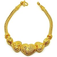 Heart Lovely Gold Bangle 24k Gold Plated Thai Baht Yellow Gold GP Filled Bracelet 7 Inch Jewelry Women