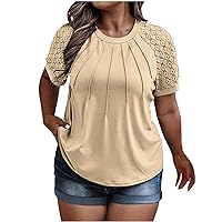 Women Plus Size Tops Crewneck Short Sleeve Lace Crochet T Shirt Loose Casual Summer Blouses Shirts Tunics