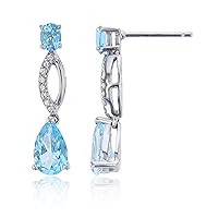 Sterling Silver Rhodium Pear Shape & Oval Swiss Blue Topaz & Created Wh. Sapphire Dangling Earring