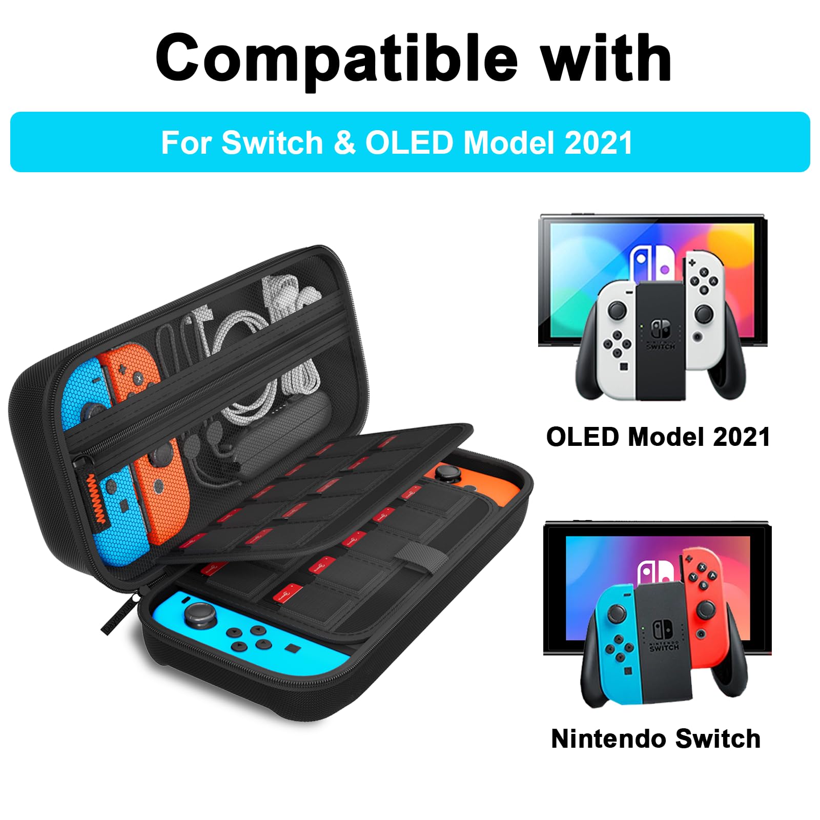 Daydayup Switch Carrying Case Compatible with Nintendo Switch/Switch OLED, with 20 Games Cartridges Protective Hard Shell Travel Carrying Case Pouch for Console & Accessories, Black