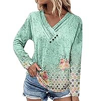 Button Down Long Sleeve Shirt for Women Dressy Floral Print Fall Comfy Work Blouse V Neck Pullover Casual Tunic Tops