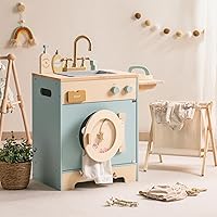 ROBOTIME Toy Kitchen Washer Playset, Wooden Toy Washing Machine for Kids with Clothes Basket, Iron and Sink, Pretend Toddlers Kitchen Toy with Accessories for Ages 3+