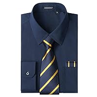 Men's Solid Long Sleeve Dress Shirt with Matching Tie and Handkerchief Set Classic Button Down Formal Business Shirts