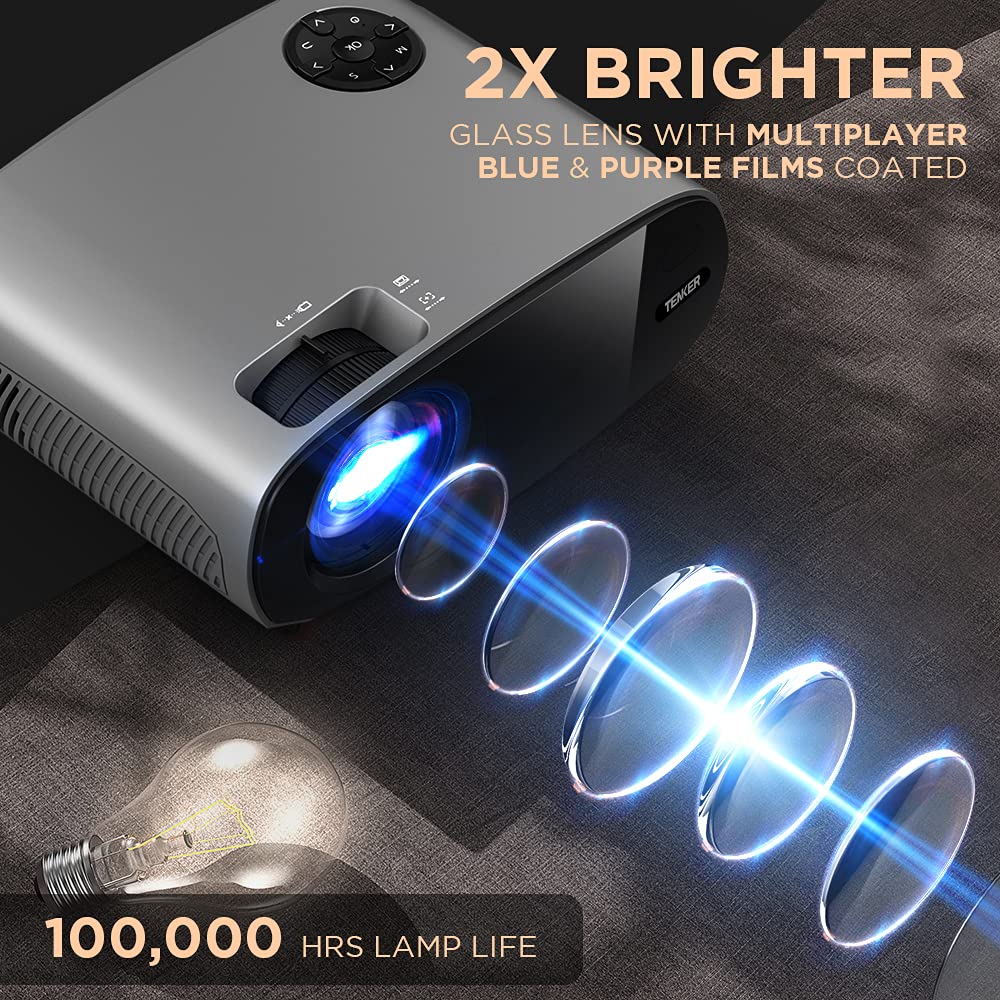 TENKER WiFi Bluetooth Projector, 9500L Native 1080P Projector 4k Support, 300‘’ Full HD Outdoor Projector Support Zoom/Sleep Timer, Mini Video Projector Compatible w/Phone/Laptop/PC/DVD/TV