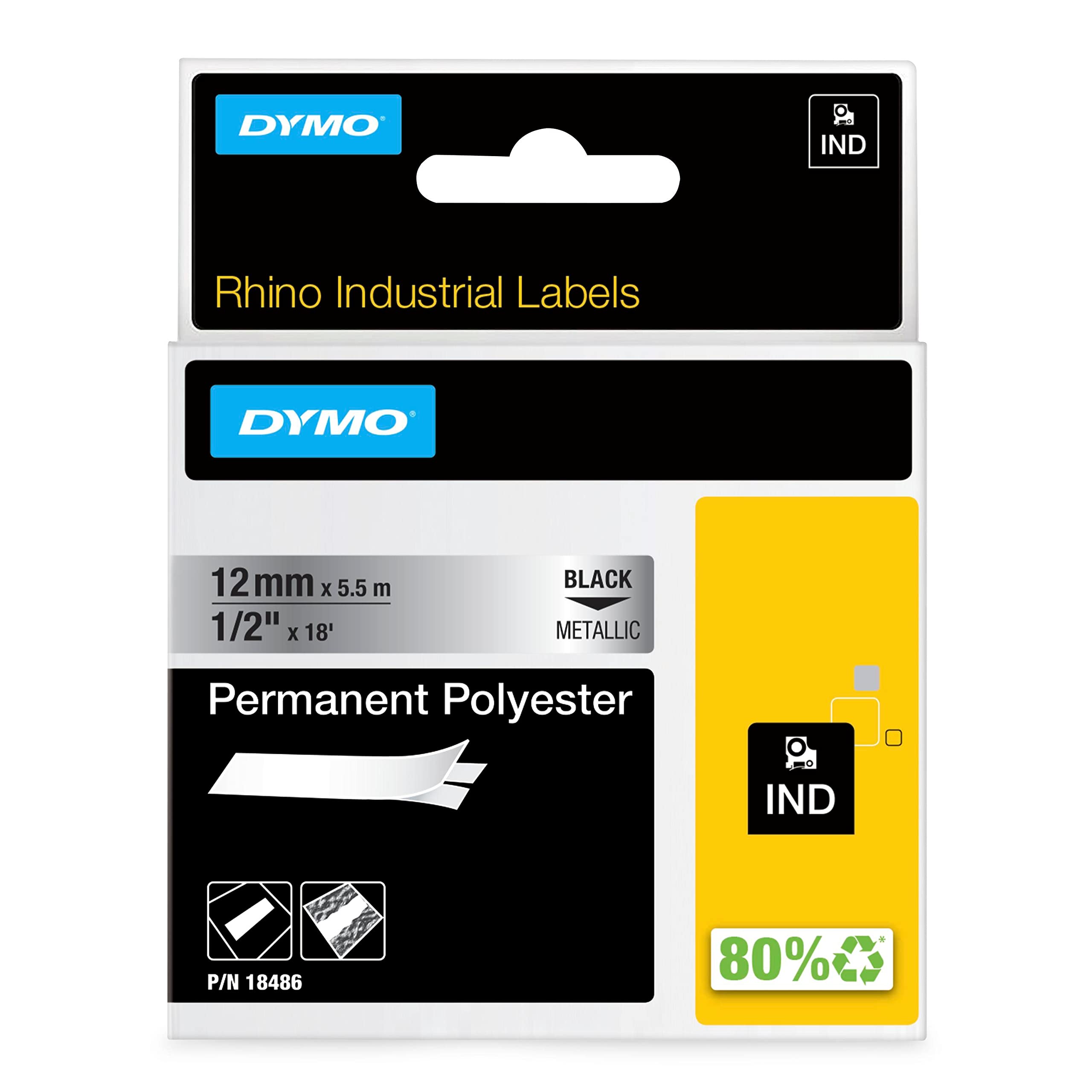 DYMO Industrial Permanent Labels for DYMO LabelWriter and Industrial RhinoPro Label Makers, Black on Metallic, 1/2