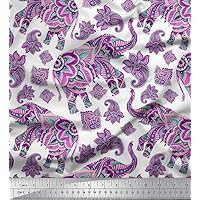 Soimoi Cotton Cambric Purple Fabric - by The Yard - 42 Inch Wide - Paisley & Tribal Elephant Animal Fusion Textile - Bohemian Elegance with Paisley and Tribal Elephant Motifs Printed Fabric