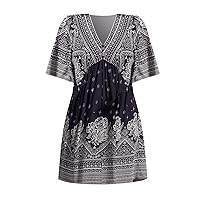 Sexy Spring Dresses for Women 2024 with Sleeves, Casual V Neck Print Floral Holiday Boho Beach Dress Backless