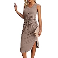 Summer Dresses for Women 2022 Drawstring Waist Hidden Pocket Asymmetrical Hem Tank Dress (Color : Khaki, Size : S)