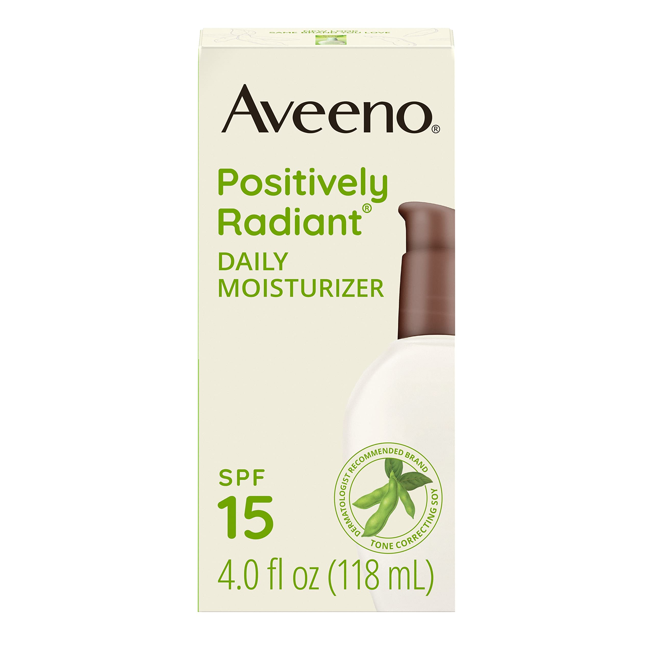 Aveeno Positively Radiant Daily Facial Moisturizer with Broad Spectrum SPF 15 Sunscreen & Soy, Improves the Look of Skin Tone & Texture, Hypoallergenic, Oil-Free, Non-Comedogenic, 4 fl. oz