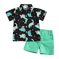 Toddler Baby Boy Clothes Shorts Set Dinosaur Print Shirt Short Sleeve Button Down Top Solid Shorts Summer Outfit
