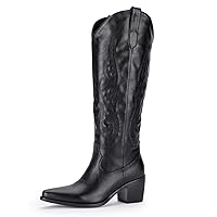 Pasuot Western Cowboy Boots for Women - Knee High Wide Calf Cowgirl Boots with Classic Embroidered, Slip On Pointed Toe Chunky Heel Fashion Retro Classic Pull On Tall Boot for Girls Ladies Fall Winter