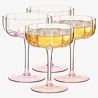 Flower Vintage Wavy Petals Wave Glass Coupes 7oz Colorful Martini, Champagne & Cocktails - 4 Set - Rippled & Champagne Glasses , Prosecco, Mimosa, Cocktail Set, Bar Glassware Copyright Design (Pink)