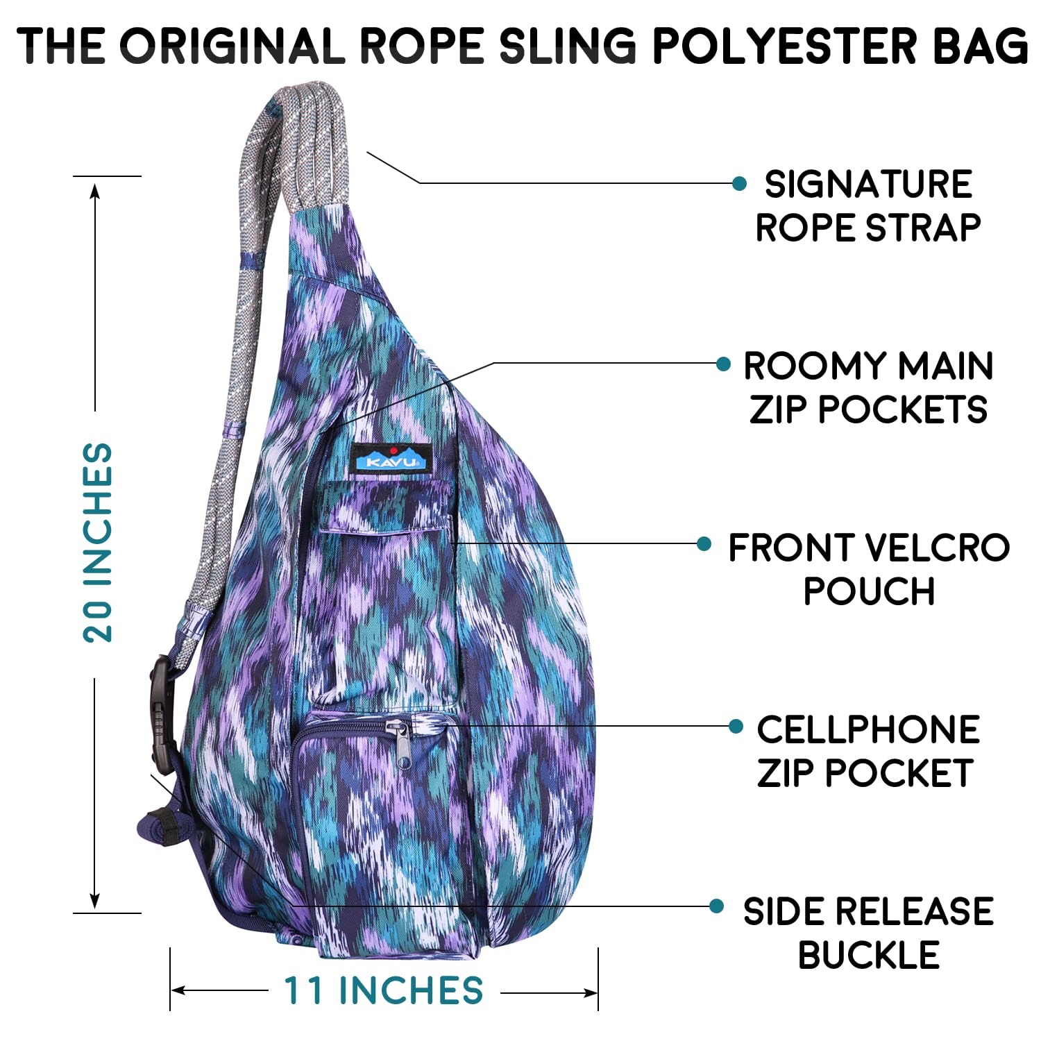 KAVU Original Rope Sling Pack with Adjustable Rope Shoulder Strap - Glacier Ikat