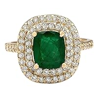 2.88 Carat Natural Green Emerald and Diamond (F-G Color, VS1-VS2 Clarity) 14K Yellow Gold Engagement Ring for Women Exclusively Handcrafted in USA